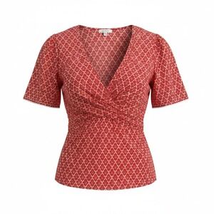 Max Studio Womens M Red Floral Peplum Blouse Twist Front V Neck Short Sleeve